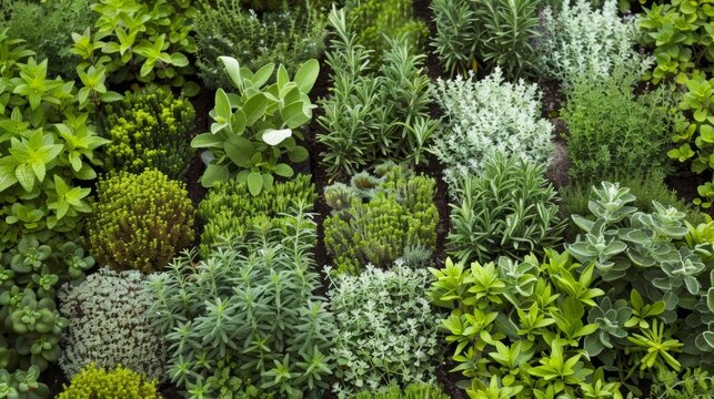 A photo of a lush herb garden with rows of sage thyme rosemary and other fragrant herbs planted neatly in a geometric pattern..