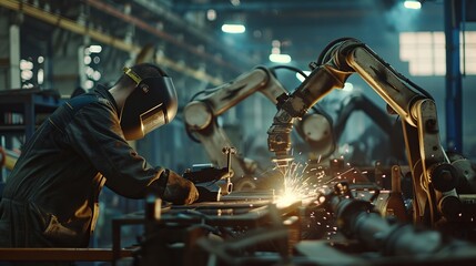 Engineering Manager Controlling Welding Robots - obrazy, fototapety, plakaty
