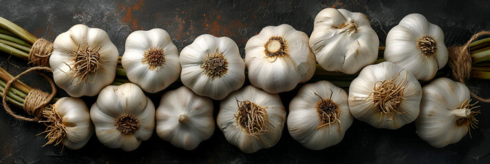 Farm fresh organic garlic on a black background,
Some bunches of garlic on left on dark textured table, top view
