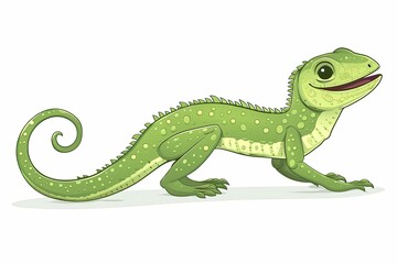 Fototapeta premium Grinning Green Lizard Cartoon Illustration: Playful Side Profile with Curly Tail