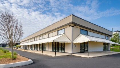 Newly constructed retail and business building with awning, currently offering space for purchase...