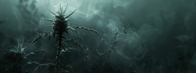 A dark and abstract background with a single, withered plant with thorns, symbolizing the destructive nature of narcotics.