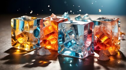 Creative and unexpected, four ice cubes take flight, their crystalline structures reflecting the sunlight in a dazzling array of colors.
