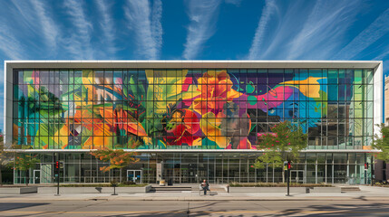 A vivid tapestry on the facade of a public library. exhibiting bold hues and forms that bring life to the cityscape. Visually appealing with a clear emphasis and a soft backdrop. 