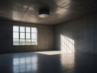 Brightened concrete room with natural light filtering through the ceiling above.