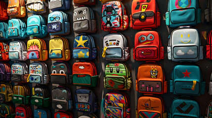 A wall of colorful backpacks with various cartoon characters and symbols 