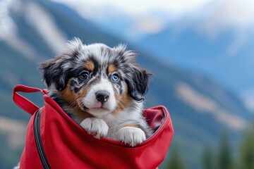 Australian Shepherd Puppy in Ruby Red Satchel: Colorful Fur, Mountain Background