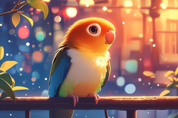 Obraz premium Cute cartoon parrots with colorful city lights in the background