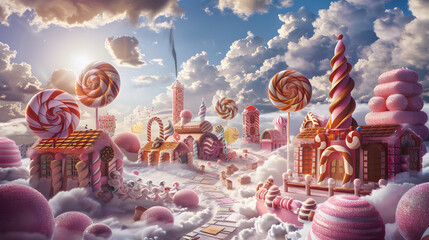 A whimsical candy land with lollipops. chocolate bars and marshmallows as buildings