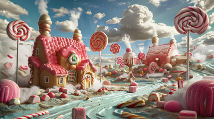 A whimsical candy land with lollipops. chocolate bars and marshmallows as buildings