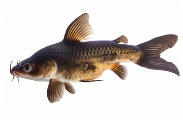 Highest-Resolution Single Catfish Portrait: Dark Scales with Gradient Fin Texture, Isolated on White Background