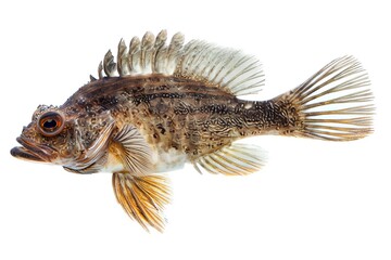 Naklejka premium High-Resolution Single Grouper Side View Photography on White Background: Dark Scales Gradient Texture, Realistic Sheen, Natural Fins, Opened Gills, Clear Eye