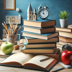 A cozy study corner with book stacking, an open book, hardback books on a wooden table against a blue background, back to school theme