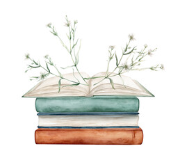 Set of books with plants flowers watercolor illustration isolated on white background. Open books brown green colors. Stack of books clipart. Vintage old textbooks watercolor hand drawn.