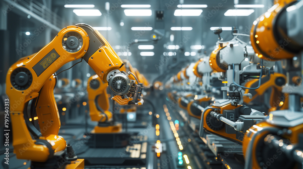 Poster a futuristic factory floor with automated assembly lines and robotic arms working in harmony.