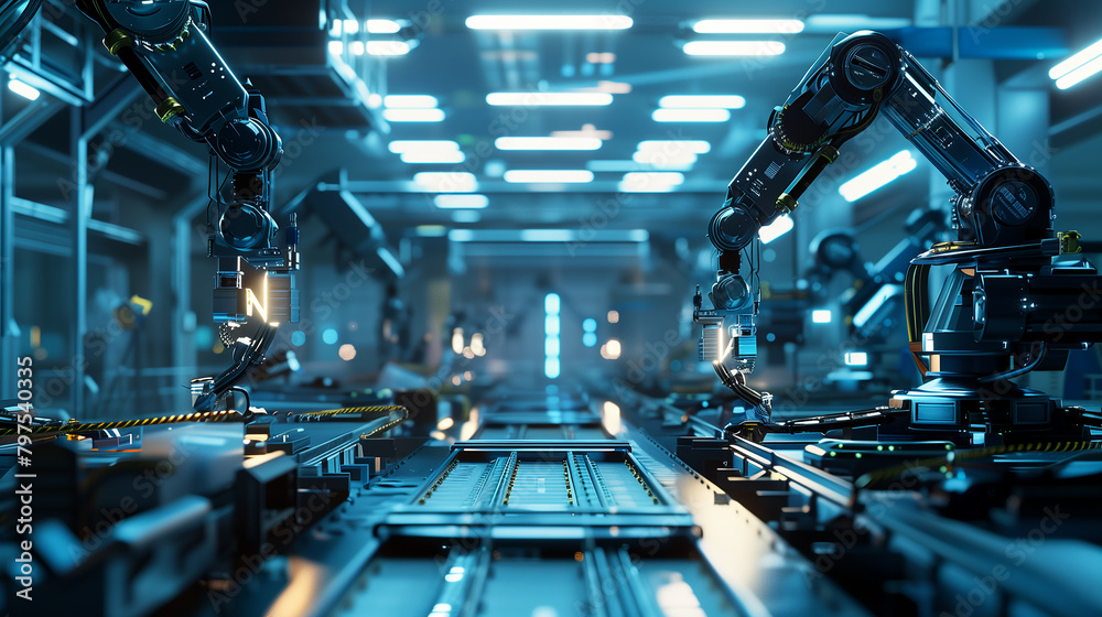 Poster a futuristic factory floor with automated assembly lines and robotic arms working in harmony.