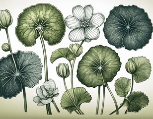 A set of hand-drawn illustrations featuring gotu kola Centella asiatica flower and leaf in a graphic, engraved style for use on labels, stickers, menus, and packaging. - obrazy, fototapety, plakaty