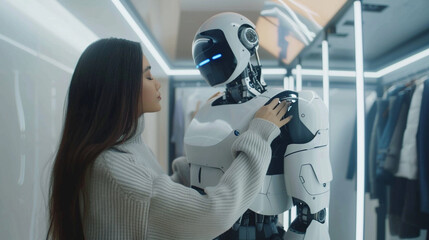 A human and robot friend trying on clothes in a high-tech fitting room, hyper realistic, low noise, low texture