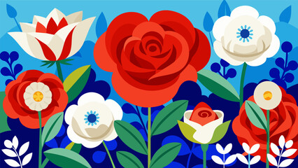 Fototapeta premium The scent of sweet jasmine and delicate white roses mingle with the bold hues of scarlet poppies and royal blue delphinium in this colorful and. Vector illustration