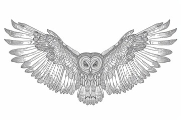 Owl Wings:  Detailed Grey Line Art Illustration of Wisdom and Mystery