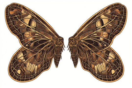 Brown and Gold Moth Wings Line Art - Intricate Nocturnal Patterns for Tattoos