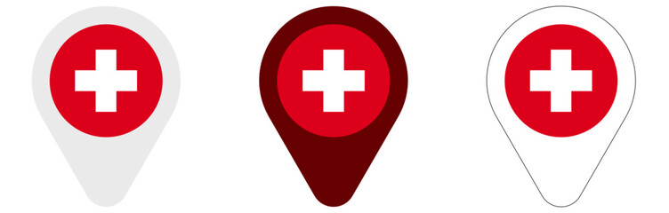 Swiss flag pointer Switzerland map pin location sign vector suisse red cross hospital pharmacy first aid symbol