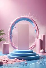 blue and pink stage podium for product showcase mockup with color splash motion