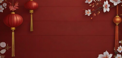 中国新年横幅与圆圈展示产品。问候卡。中国框架与红色背景上的灯笼