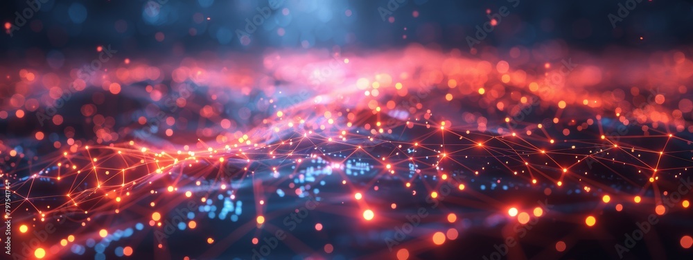 Poster a network map visualization with interconnected lines, glowing nodes, and data packets flowing acros