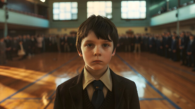 A young boy in his school uniform. wearing a tie and suit jacket with a serious expression stands alone at the center of an empty crowded high school gymnasium filled with people waiting for something
