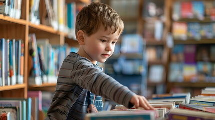 A young boy with autism is joyfully arranging books in a suburban library. 