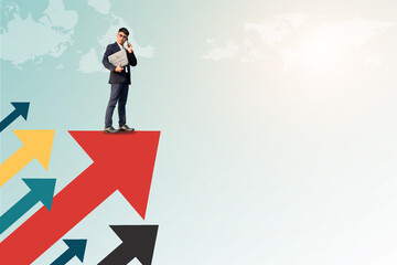 Professional businessman standing on red arrow symbolizing growth and success. Financial growth concept - 797542337