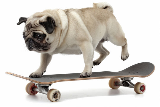 A pug dog effortlessly gliding through a series of skateboard tricks, hyper realistic, low noise, low texture