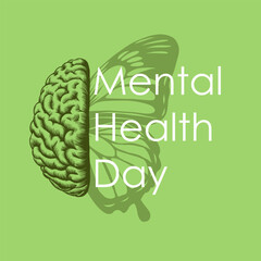 10 October. World Mental Health Day. Mental Health care concept. Hand drawn human brain for Poster, Banner, Flyer, Template Social Media. Mental wellness.