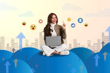 Cheerful young woman woman reading feed news, receiving emoji reactions. Social medias concept - 797542918