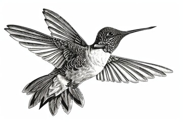 Obraz premium Intricate Black and White Engraving of a Hummingbird in Flight Capturing Feathers' Texture and Wing Movement