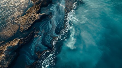 Obraz premium Aerial View of Dramatic Oil Spill Contrasting Blue Ocean Waters