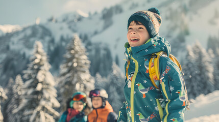 A young lad perches on a mountain. clad in a cute alpine jacket with lively bird designs and green trousers. He beams at his siblings before him