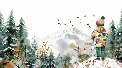 A young lad perches on a mountain. clad in a cute alpine jacket with lively bird designs and green trousers. He beams at his siblings before him