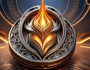 3D depiction of a chrome metal fire symbol with a liquid mercury flame, featuring a modern, melted design element in an abstract neo tribal cyber sigil.