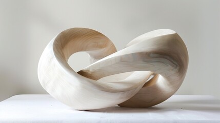 Handmade wooden sculpture inspired by organic forms found in nature, enhancing the tranquility of a white setting. - obrazy, fototapety, plakaty