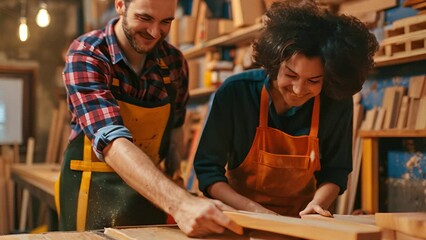 Two adult students work with wood in a woodworking workshop. Inspired, happy, lively