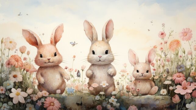 An illustration whimsical and imaginative illustration of a family of rabbits exploring a whimsical meadow, AI Generative