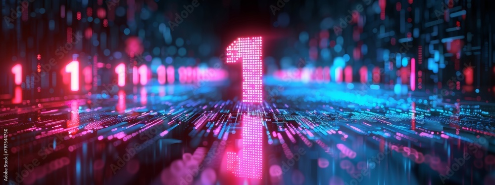 Poster a minimalist composition with a single binary digit (0 or 1) rendered in a neon color, signifying th