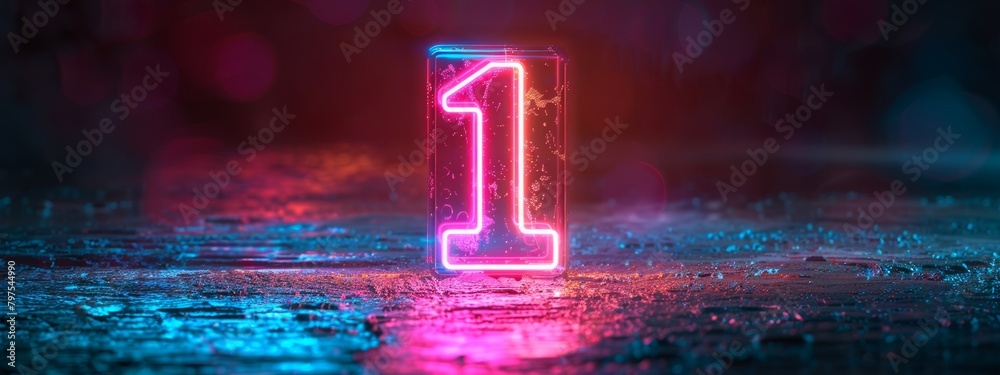 Poster a minimalist composition with a single binary digit (0 or 1) rendered in a neon color, signifying th
