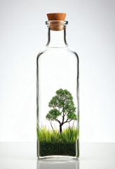 glass bottle filled with a miniature landscape containing grass, trees and vegetation isolated on white background