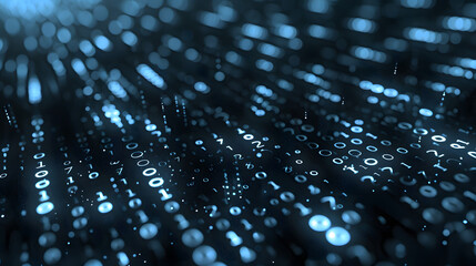 Abstract backdrop with a black binary code symbolizing digital data and a data scientist. Abstract background with a black binary model of a computer system where one processor is highlighted. 
