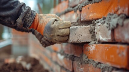 A bricklayer constructs a stone wall using wood, metal tools, and building materials like bricks and rocks. AIG41