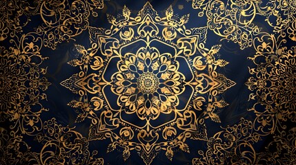 Ornate Islamic Arabesque and Geometric Pattern in Dark Blue and Gold Tapestry