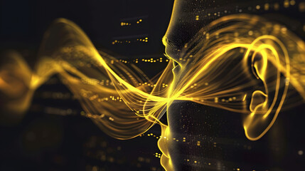 Abstract background with a yellow wave pattern representing sound waves and an acoustic engineer. Abstract environment with a yellow wave model of the human ear where one eardrum is spotlighted.  - obrazy, fototapety, plakaty